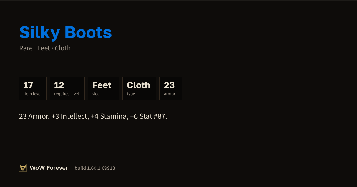 The preview card for Silky Boots - Rare Cloth Feet, Item Level 17