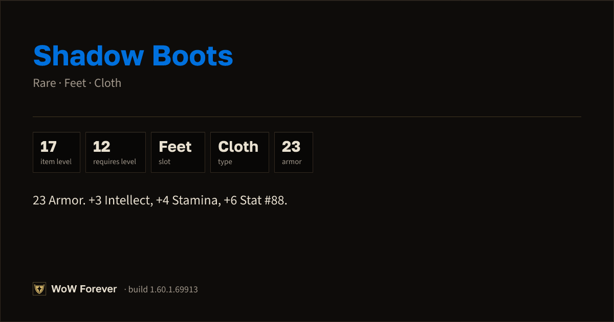 The preview card for Shadow Boots - Rare Cloth Feet, Item Level 17