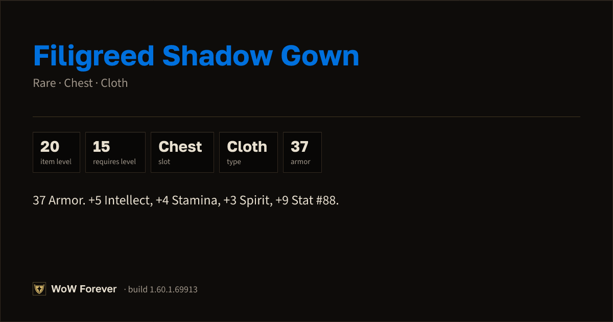 The preview card for Filigreed Shadow Gown - Rare Cloth Chest