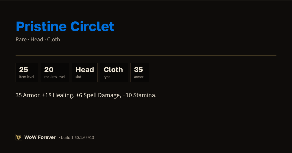 The preview card for Pristine Circlet - Rare Cloth Head, Item Level 25