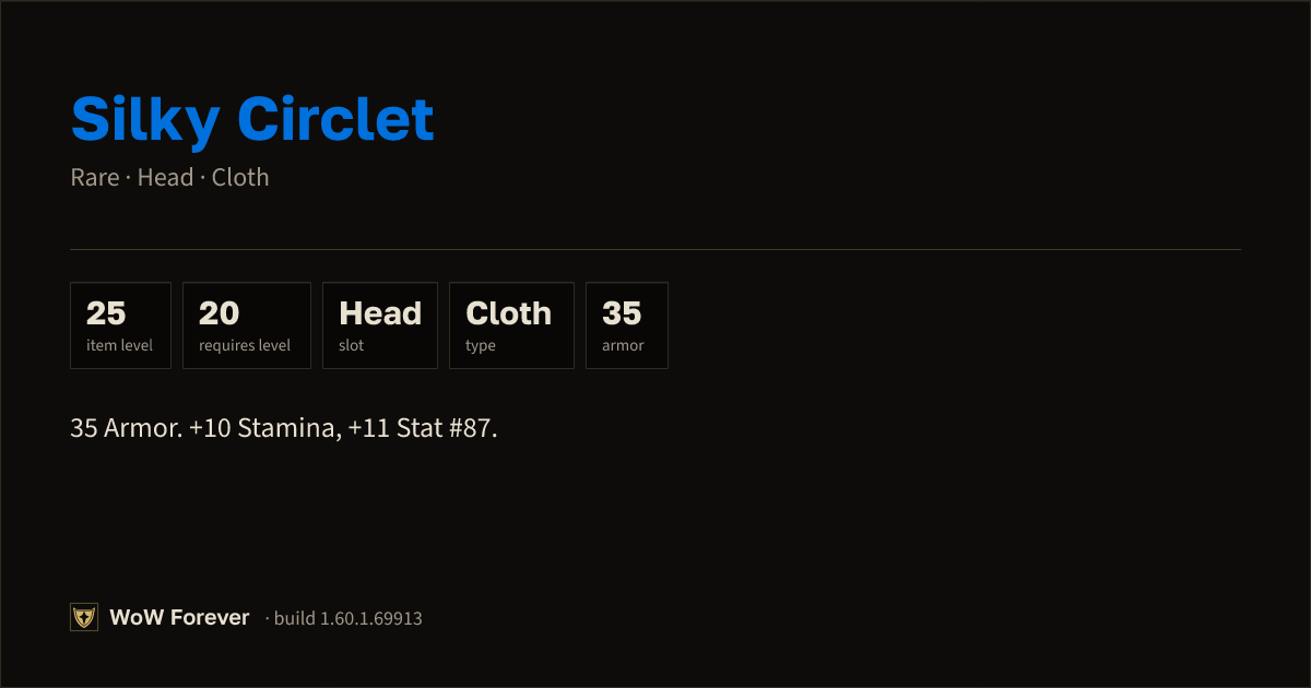 The preview card for Silky Circlet - Rare Cloth Head, Item Level 25