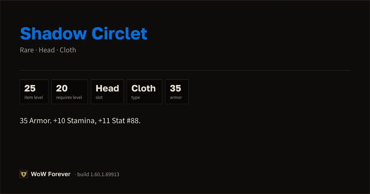 The preview card for Shadow Circlet - Rare Cloth Head, Item Level 25