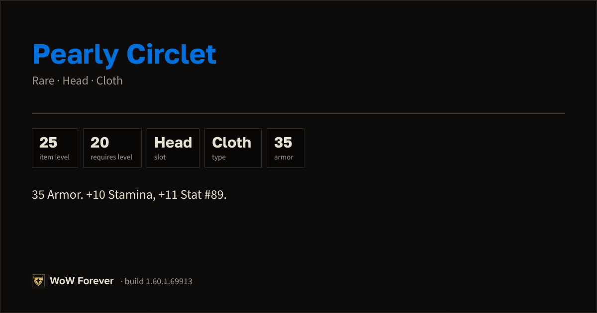 The preview card for Pearly Circlet - Rare Cloth Head, Item Level 25