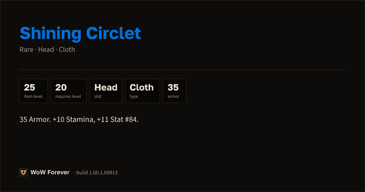 The preview card for Shining Circlet - Rare Cloth Head, Item Level 25
