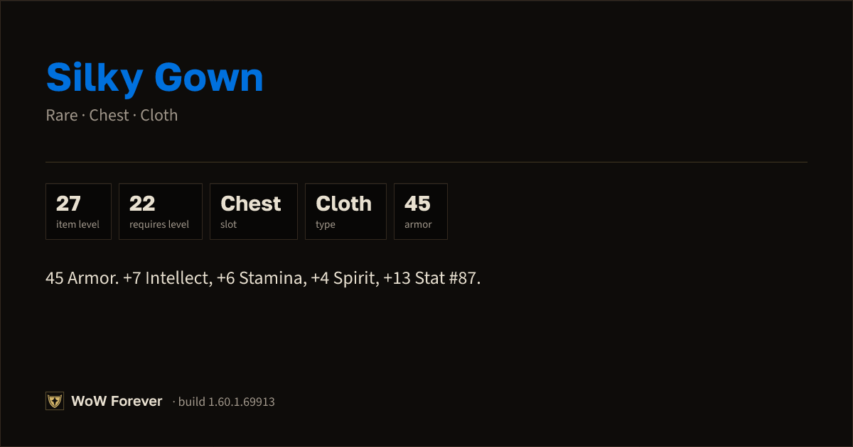 The preview card for Silky Gown - Rare Cloth Chest, Item Level 27