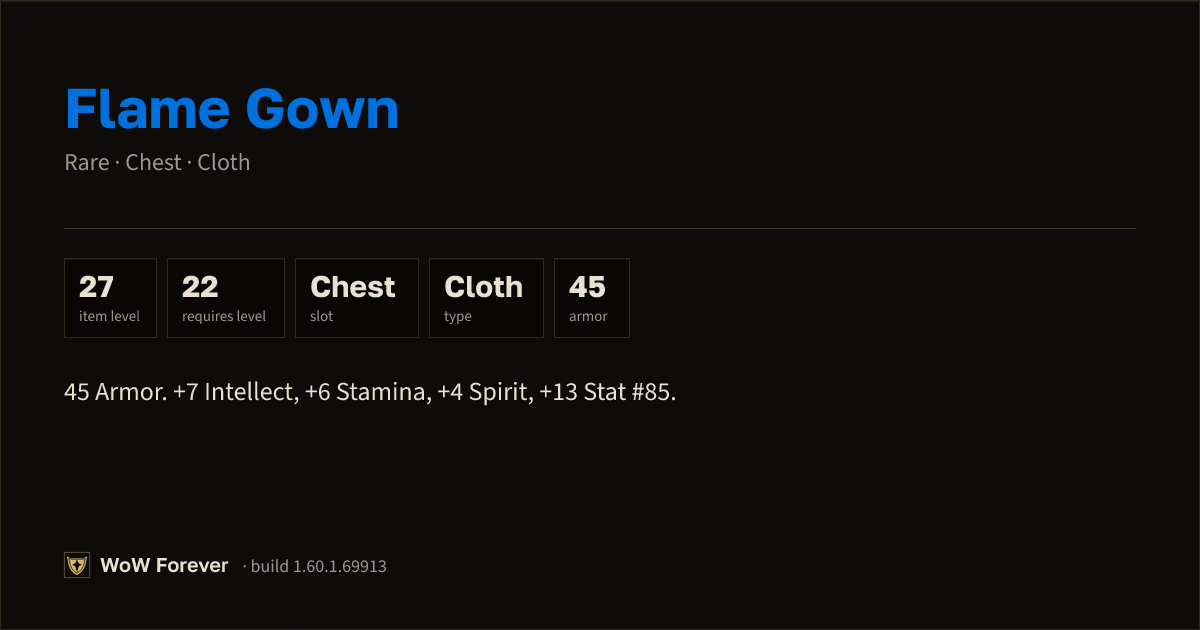 The preview card for Flame Gown - Rare Cloth Chest, Item Level 27