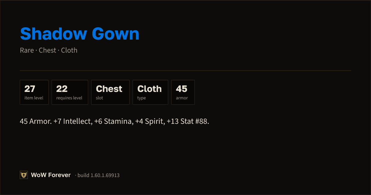 The preview card for Shadow Gown - Rare Cloth Chest, Item Level 27