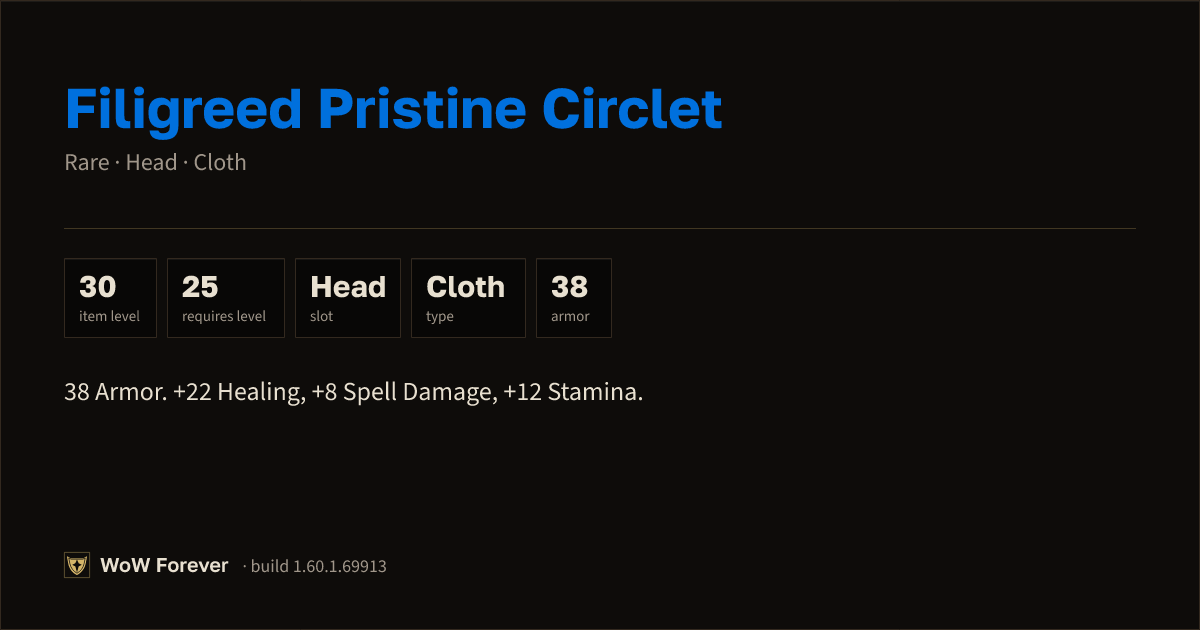 The preview card for Filigreed Pristine Circlet - Rare Cloth Head