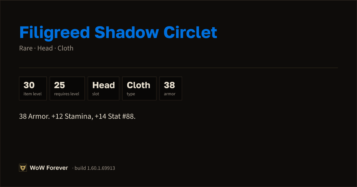 The preview card for Filigreed Shadow Circlet - Rare Cloth Head