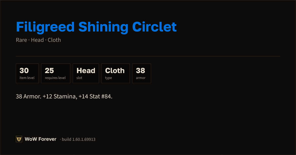 The preview card for Filigreed Shining Circlet - Rare Cloth Head