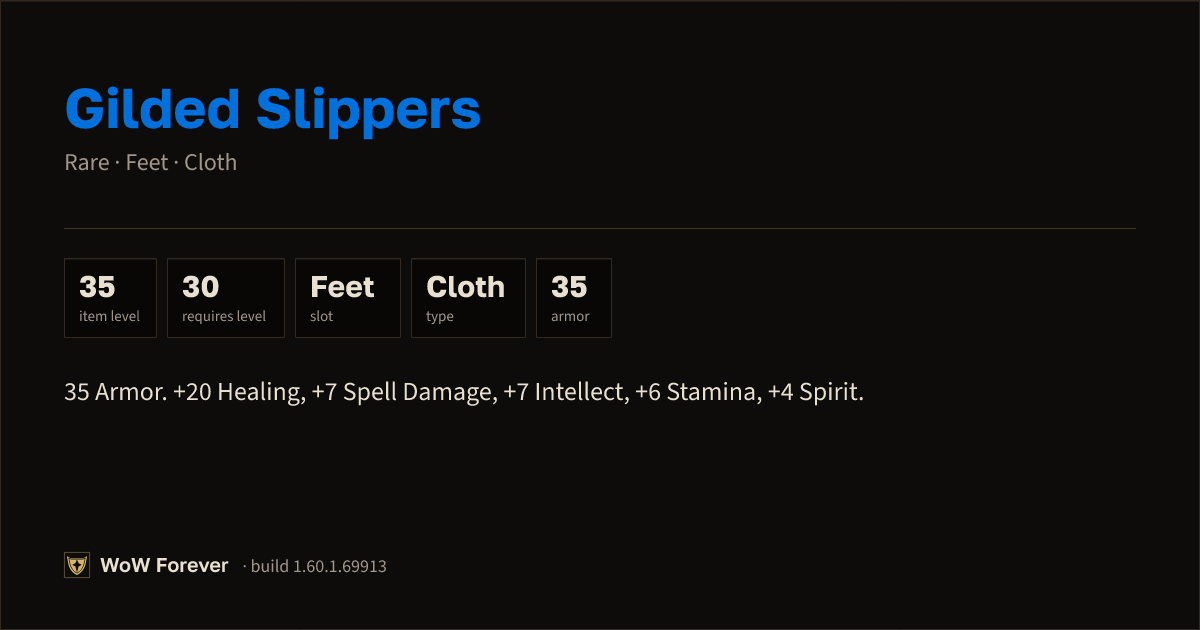 The preview card for Gilded Slippers - Rare Cloth Feet, Item Level 35