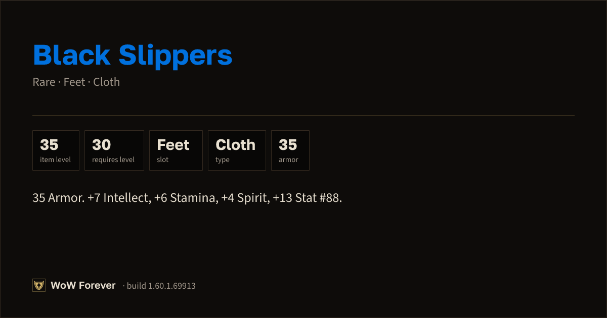 The preview card for Black Slippers - Rare Cloth Feet, Item Level 35