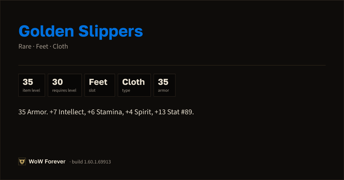 The preview card for Golden Slippers - Rare Cloth Feet, Item Level 35