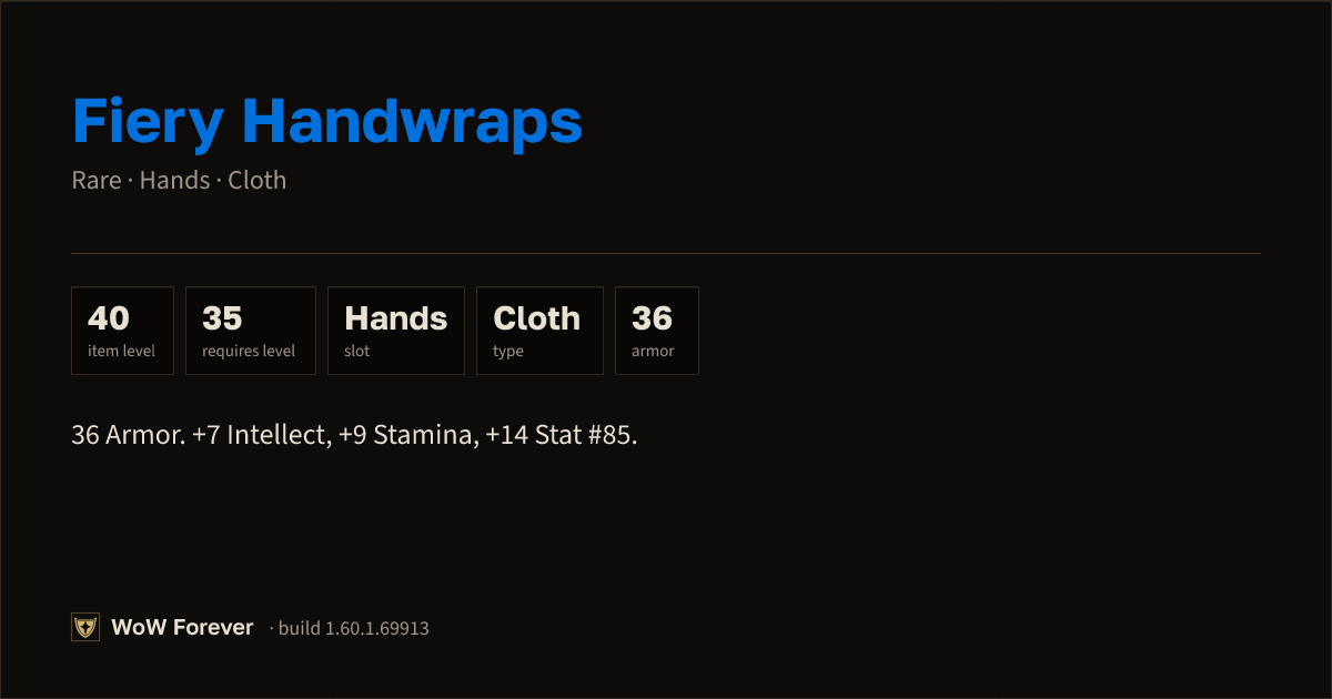 The preview card for Fiery Handwraps - Rare Cloth Hands, Item Level 40