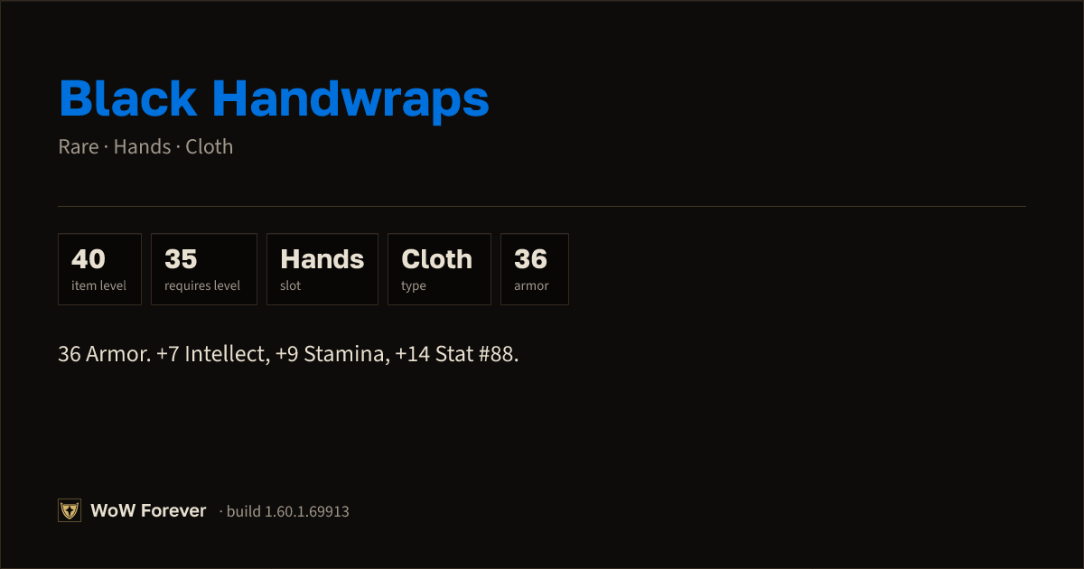 The preview card for Black Handwraps - Rare Cloth Hands, Item Level 40
