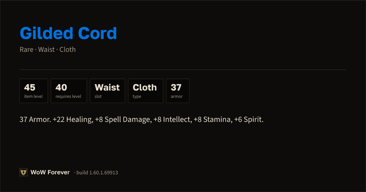 The preview card for Gilded Cord - Rare Cloth Waist, Item Level 45