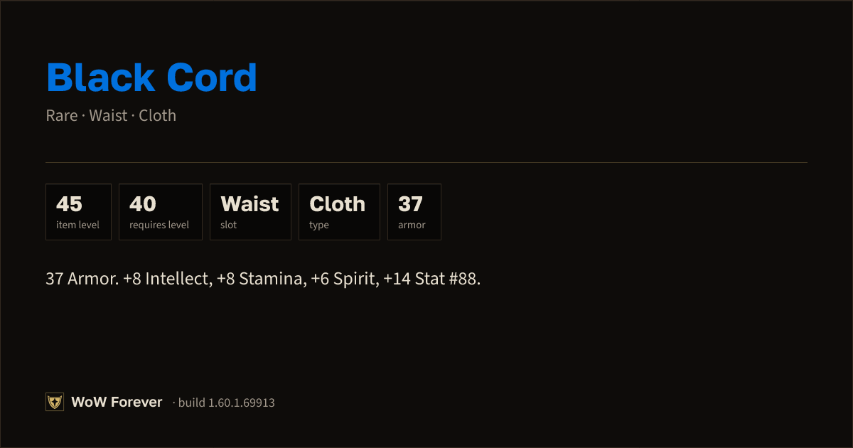 The preview card for Black Cord - Rare Cloth Waist, Item Level 45