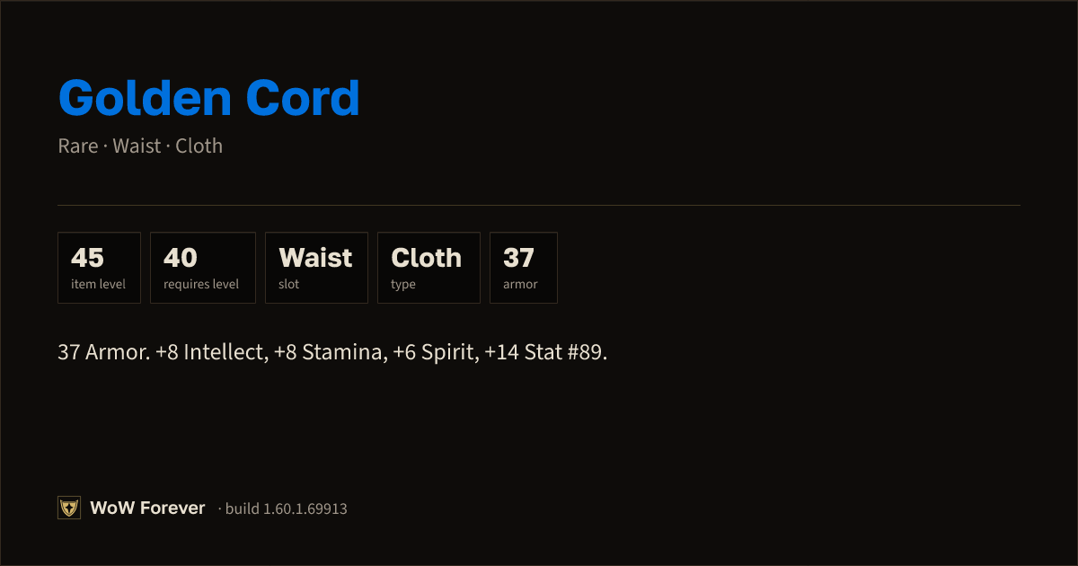 The preview card for Golden Cord - Rare Cloth Waist, Item Level 45