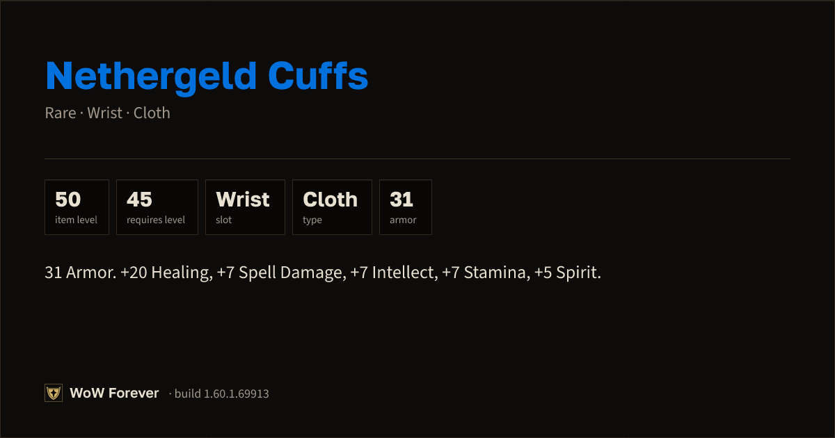 The preview card for Nethergeld Cuffs - Rare Cloth Wrist, Item Level 50