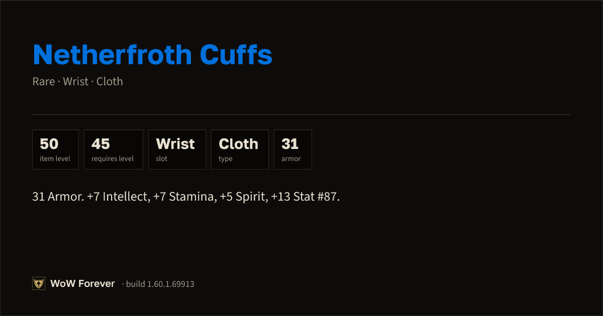 The preview card for Netherfroth Cuffs - Rare Cloth Wrist, Item Level 50