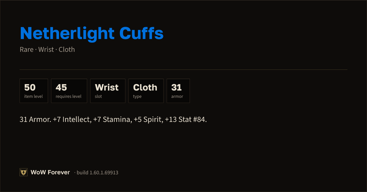 The preview card for Netherlight Cuffs - Rare Cloth Wrist, Item Level 50