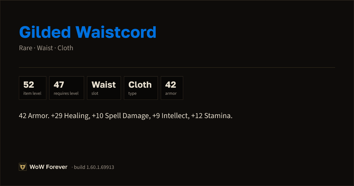 The preview card for Gilded Waistcord - Rare Cloth Waist, Item Level 52
