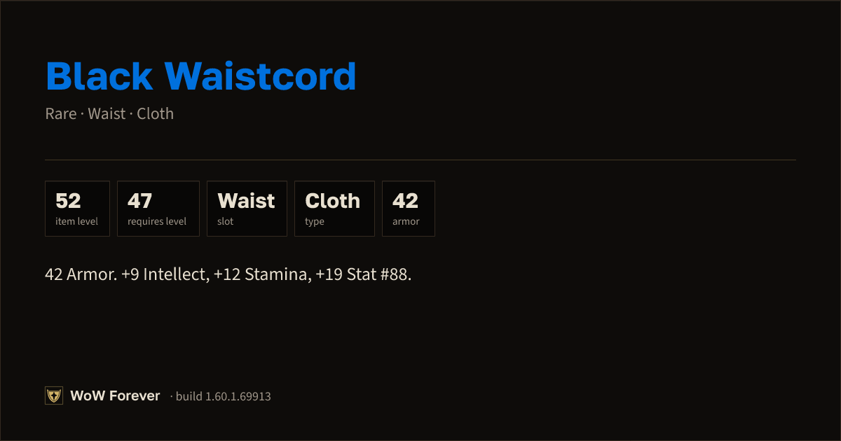 The preview card for Black Waistcord - Rare Cloth Waist, Item Level 52