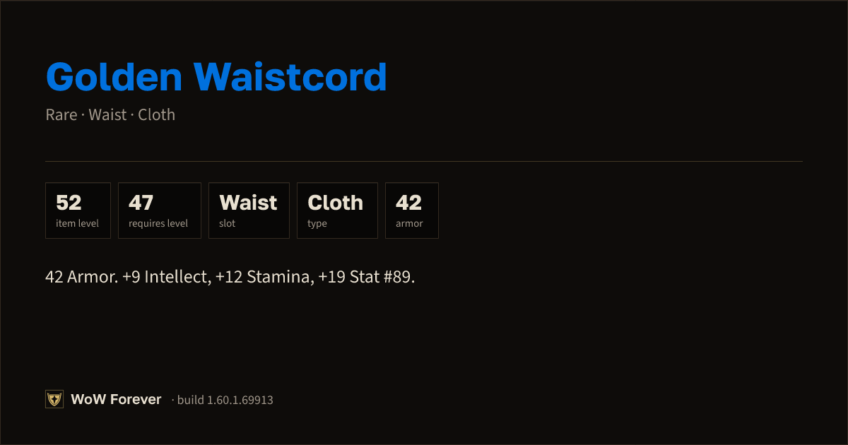 The preview card for Golden Waistcord - Rare Cloth Waist, Item Level 52