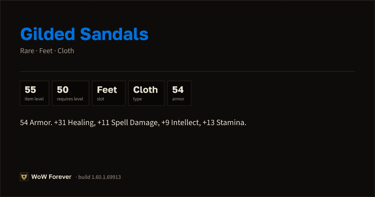 The preview card for Gilded Sandals - Rare Cloth Feet, Item Level 55