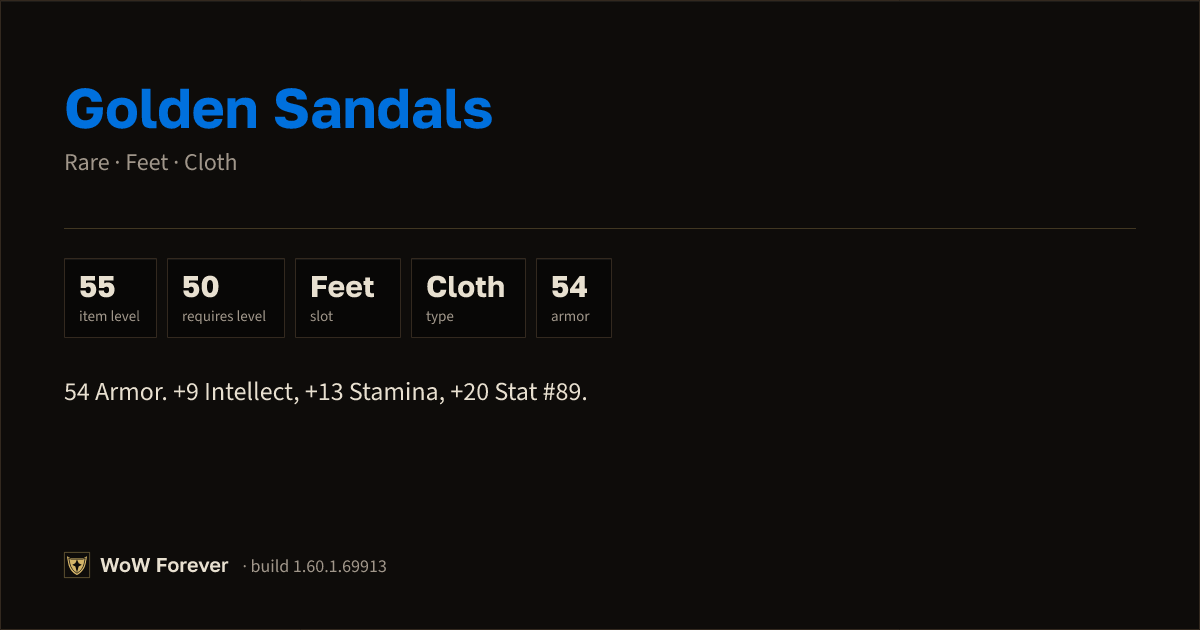 The preview card for Golden Sandals - Rare Cloth Feet, Item Level 55