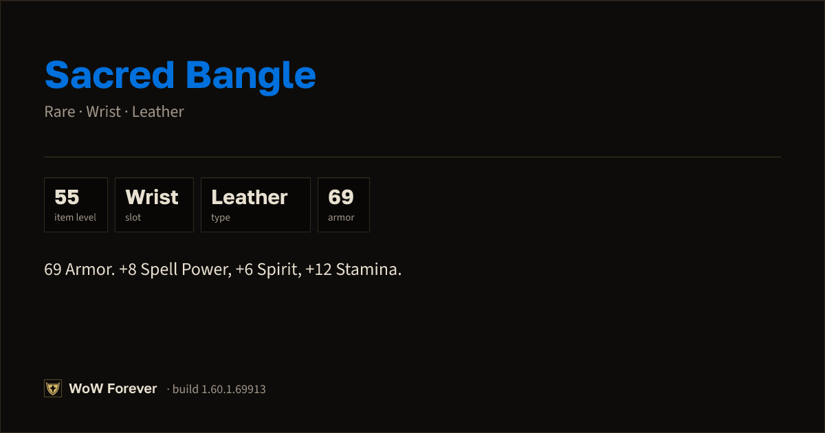 The preview card for Sacred Bangle - Rare Leather Wrist, Item Level 55