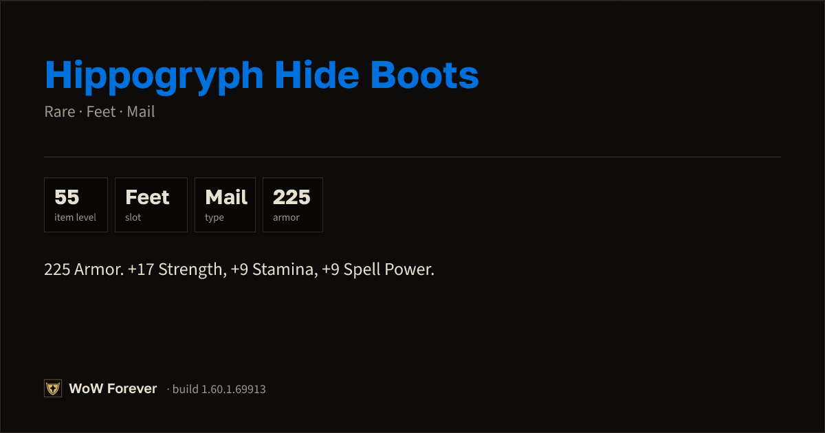 The preview card for Hippogryph Hide Boots - Rare Mail Feet
