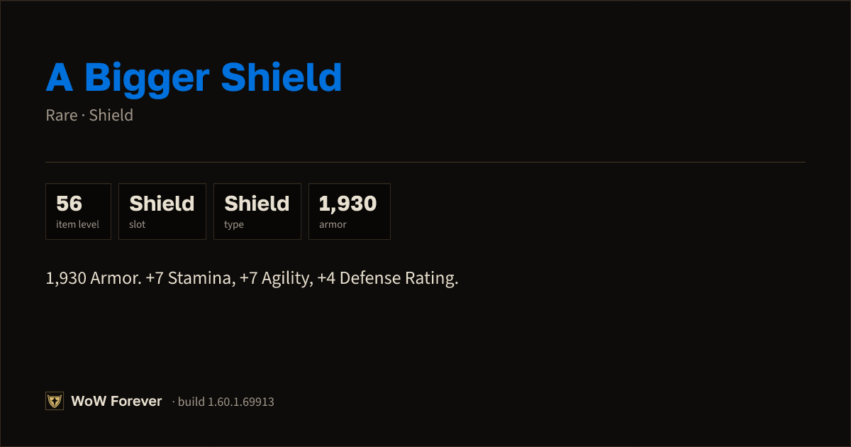 The preview card for A Bigger Shield - Rare Shield, Item Level 56