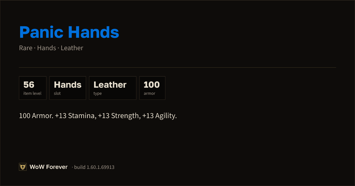 The preview card for Panic Hands - Rare Leather Hands, Item Level 56