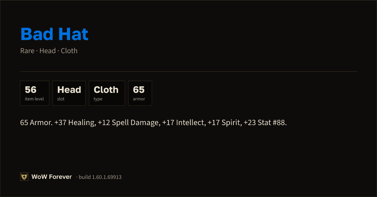 The preview card for Bad Hat - Rare Cloth Head, Item Level 56