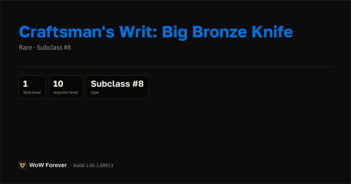 The preview card for Craftsman's Writ: Big Bronze Knife - WoW Forever Item