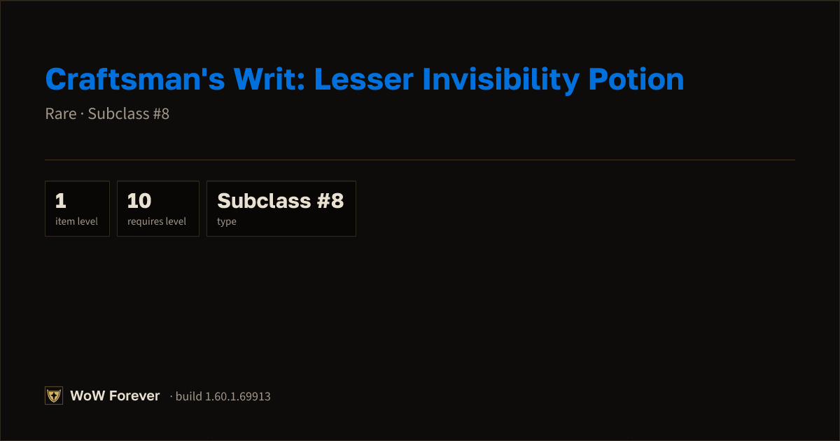 The preview card for Craftsman's Writ: Lesser Invisibility Potion - WoW Forever Item