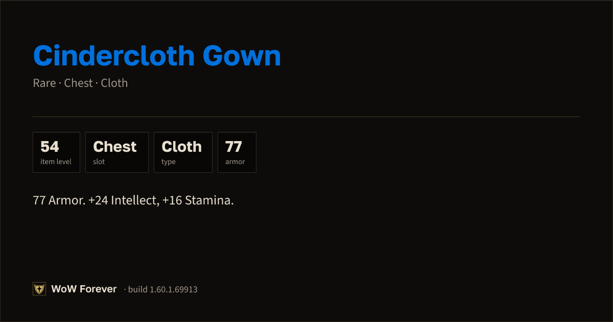 The preview card for Cindercloth Gown - Rare Cloth Chest, Item Level 54