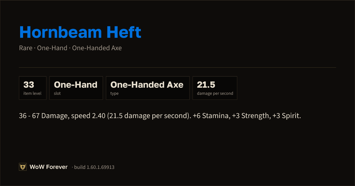 The preview card for Hornbeam Heft - Rare One-Hand Axe, Item Level 33