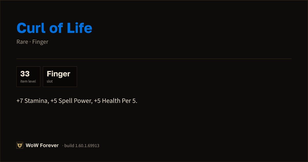 The preview card for Curl of Life - Rare Ring, Item Level 33