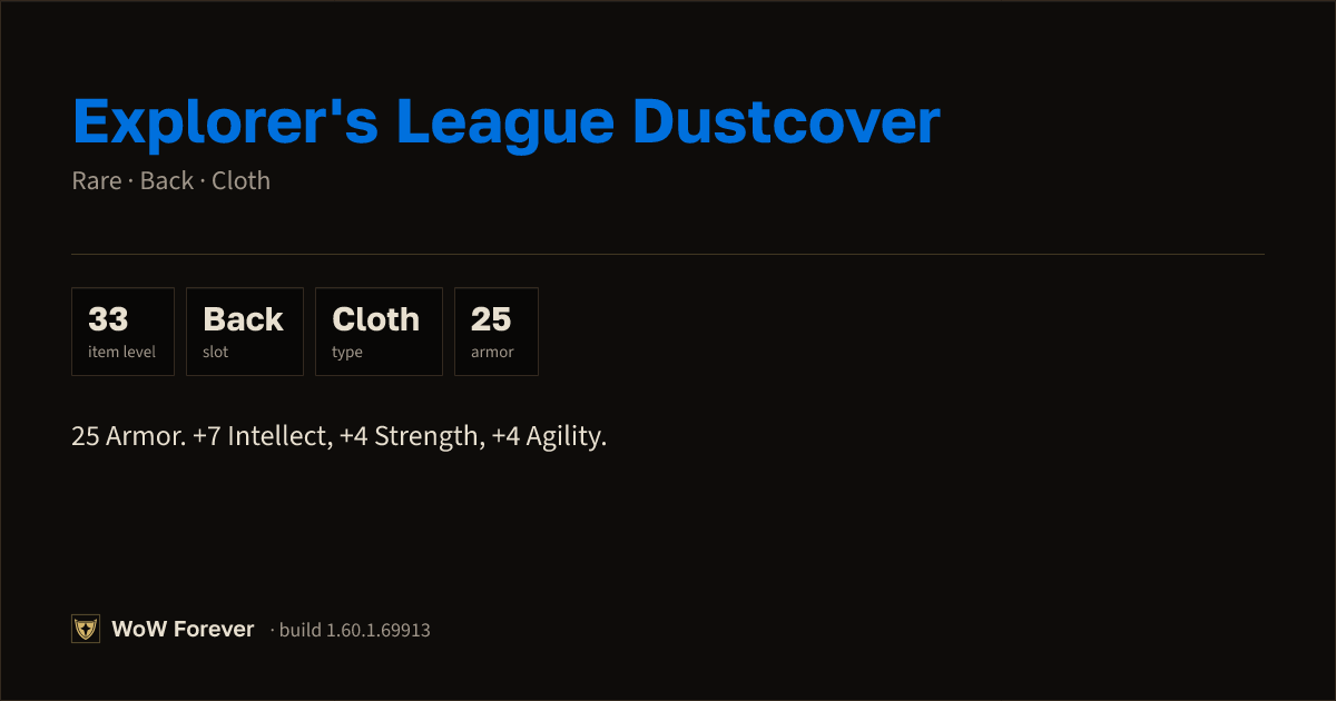 The preview card for Explorer's League Dustcover - Rare Cloak