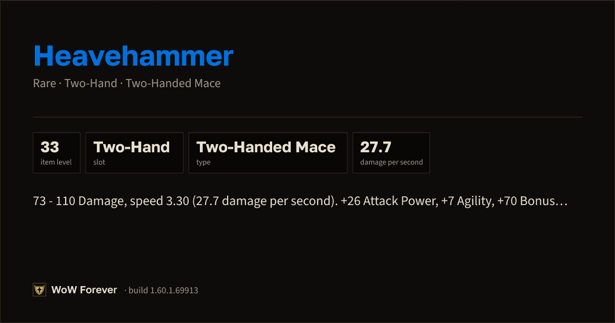 The preview card for Heavehammer - Rare Two-Hand Mace, Item Level 33