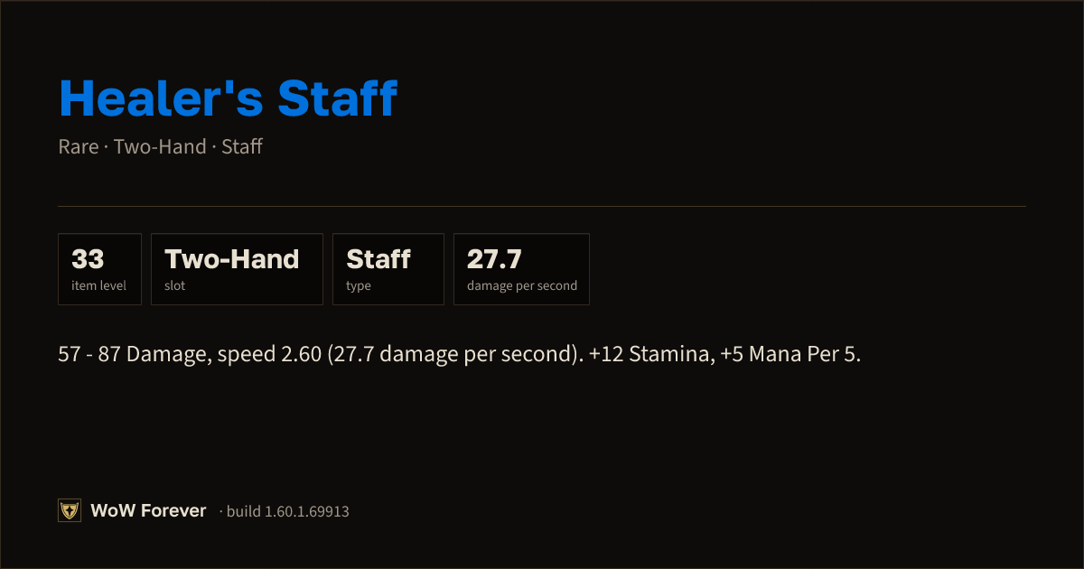 The preview card for Healer's Staff - Rare Two-Hand Staff, Item Level 33