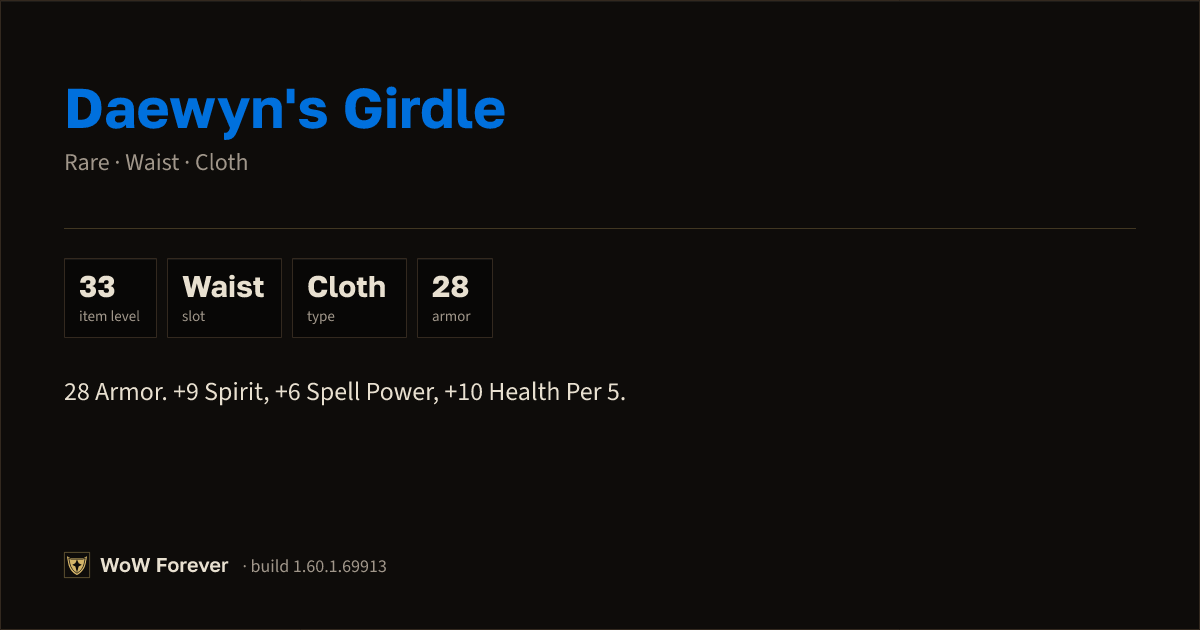 The preview card for Daewyn's Girdle - Rare Cloth Waist, Item Level 33