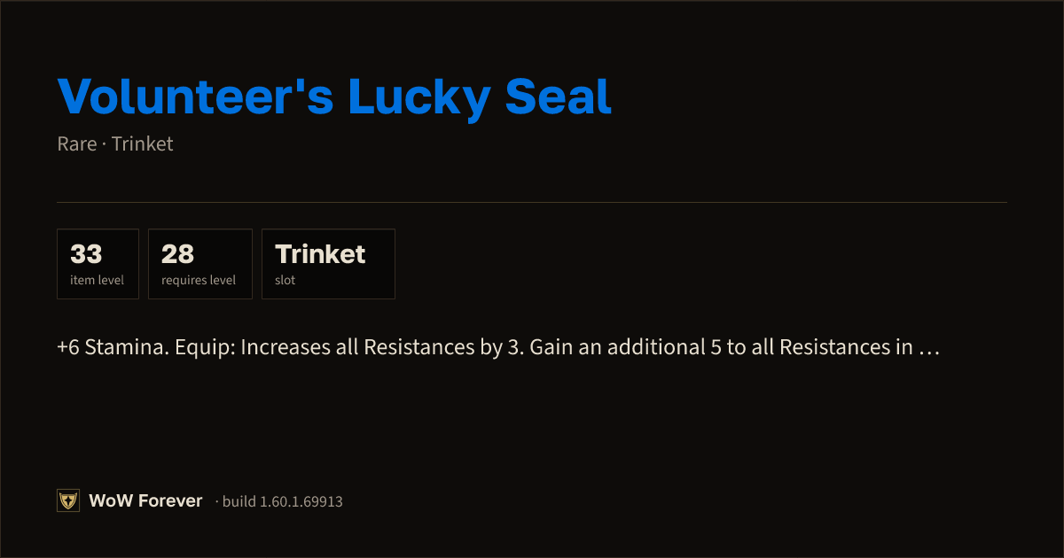 The preview card for Volunteer's Lucky Seal (Item level 33)
