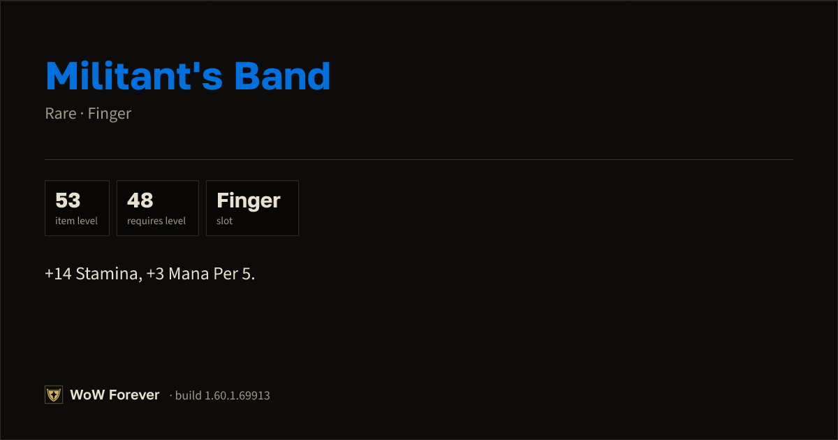 The preview card for Militant's Band - Rare Ring, Item Level 53