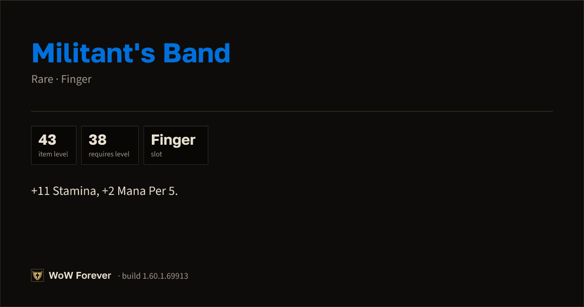 The preview card for Militant's Band - Rare Ring, Item Level 43