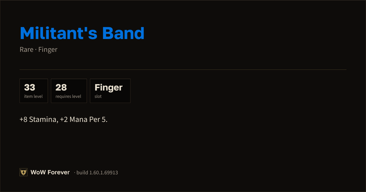 The preview card for Militant's Band - Rare Ring, Item Level 33