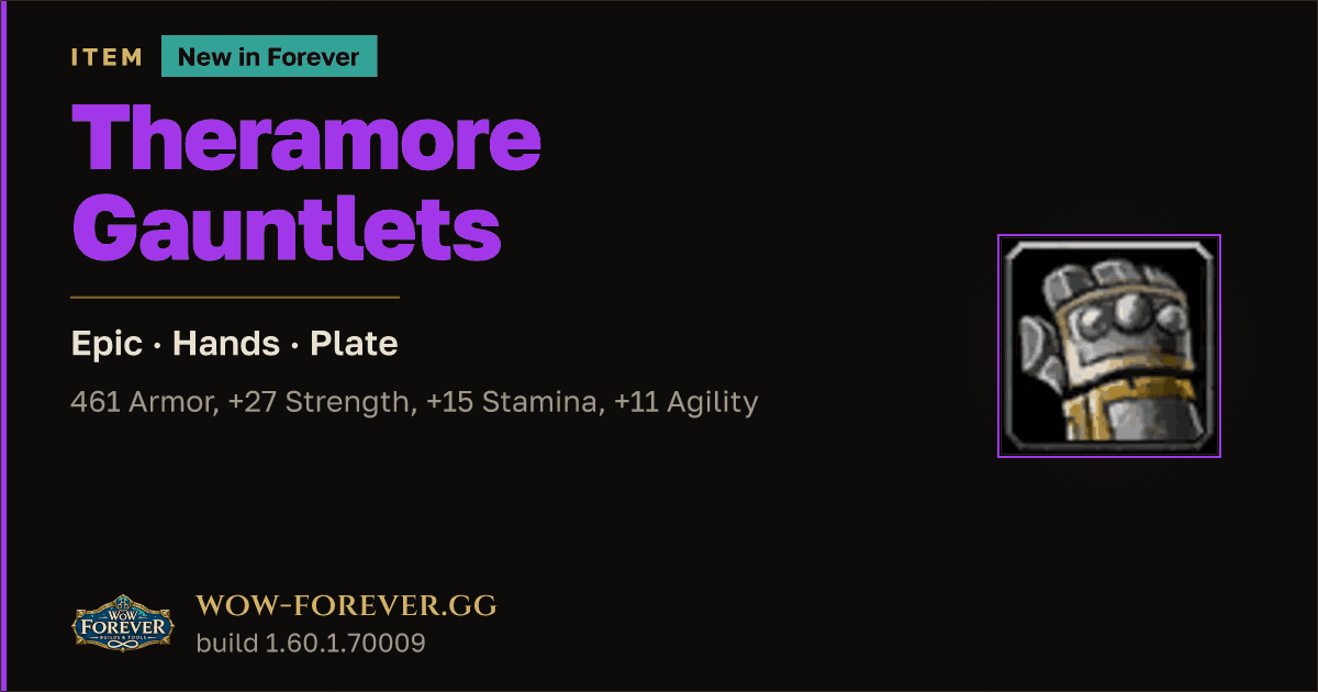 The preview card for Theramore Gauntlets (Item level 65)