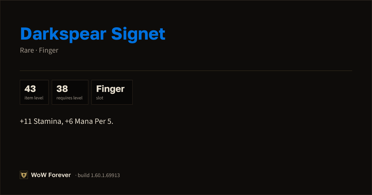 The preview card for Darkspear Signet - Rare Ring, Item Level 43